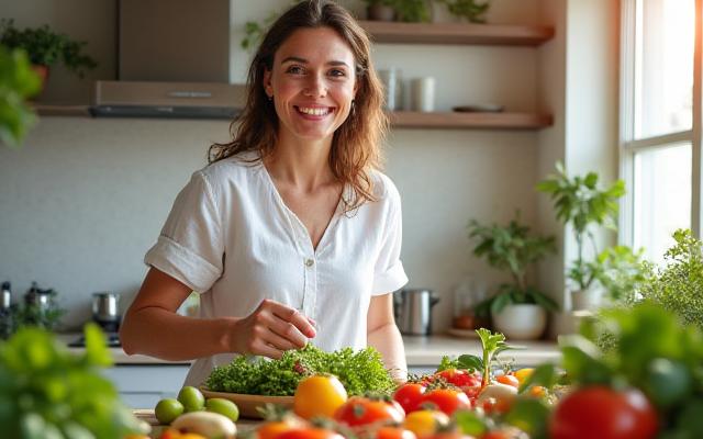 Donna sorridente che prepara un'insalata fresca e colorata in una cucina luminosa, con ingredienti naturali e bilanciati.
