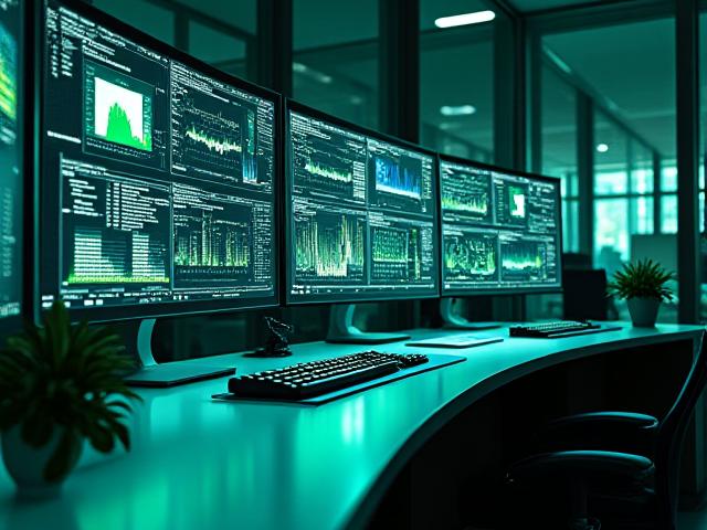 Moderno laboratorio di analisi dati con schermi e attrezzature tech avanzate