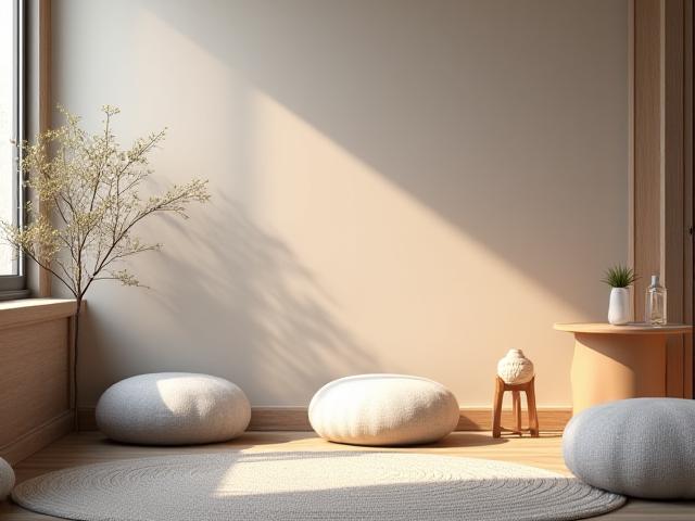 Angolo per la mindfulness con cuscini da meditazione e illuminazione soffusa