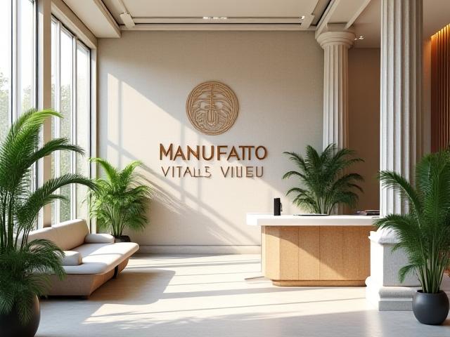 Reception accogliente di Manufatto Vitale con logo artistico e piante