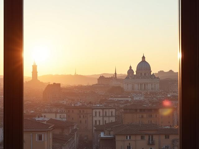 Vista panoramica sui tetti di Roma da una finestra dell'ufficio di Manufatto Vitale