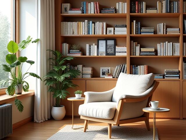 Libreria accogliente con libri sul benessere, piante e comode poltrone