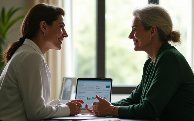 Donna (35+) serena e concentrata che conversa con un consulente Manufatto Vitale in un ambiente luminoso e calmo, indicando uno schermo con grafici sull'analisi del benessere.