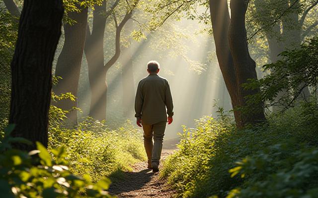 Alessandro, uomo di 50 anni, cammina con un'espressione soddisfatta in un bosco.