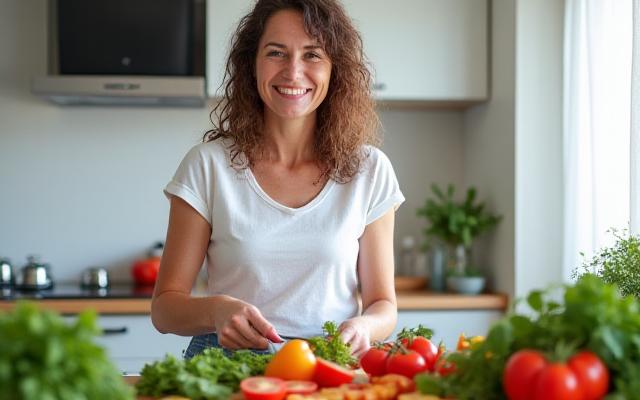 Giulia, donna di 40 anni, mentre cucina ingredienti freschi in una cucina moderna.