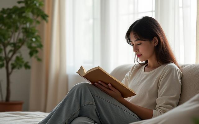 Persona in relax su un divano, lontano da smartphone e computer, che legge un libro