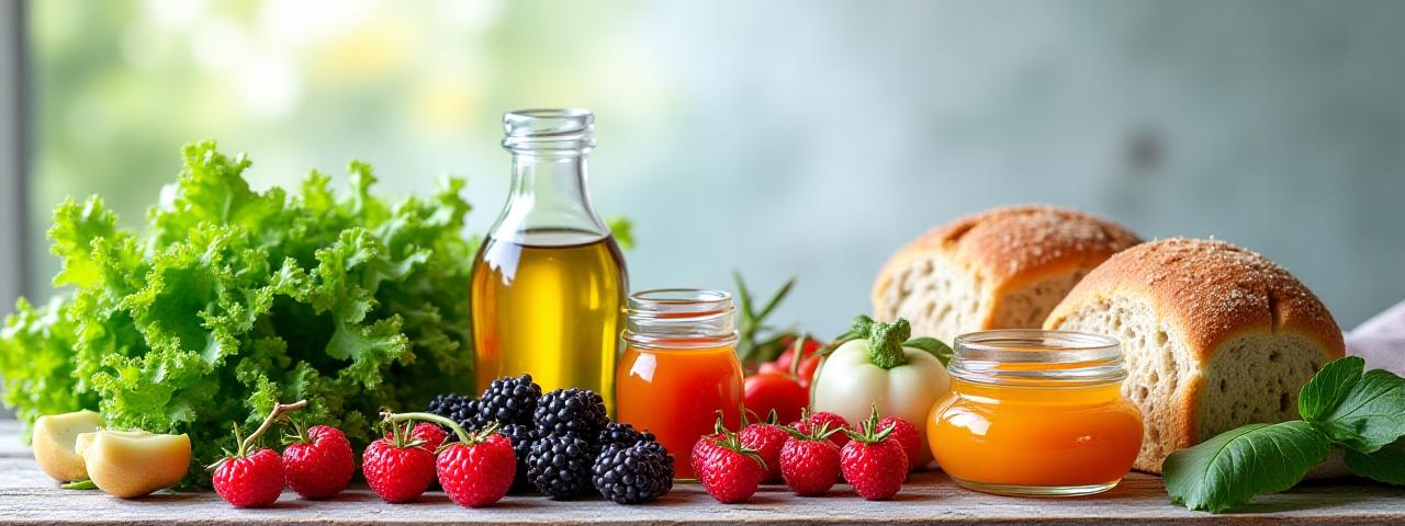 Immagine di sfondo di cibi sani e colorati, come frutta, verdura e cereali integrali, disposti elegantemente.