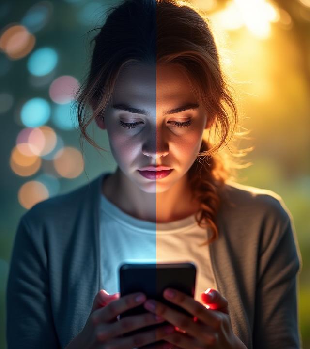 Immagine divisa: una persona stressata con smartphone e notifiche, l'altra serena legge un libro all'aperto.