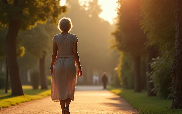 Persona che pratica camminata consapevole in un parco pubblico a Roma, godendosi la natura e l'architettura.