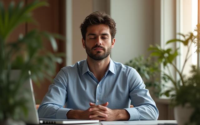 Uoma in meditazione davanti a un PC per un attimo di mindfulness in ufficio, mostrando un equilibrio tra lavoro e benessere mentale.