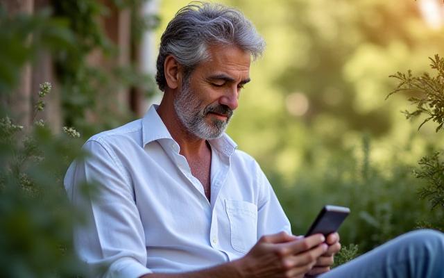 Persona sorridente che naviga sul suo smartphone, che è attivamente impegnata nel mondo digitale ma con un approccio equilibrato, in un ambiente naturale e sereno.