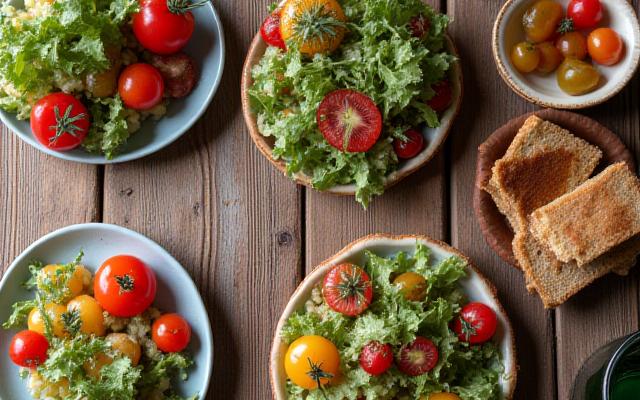 Una tavola imbandita con piatti colorati e salutari, ricette veloci e ingredienti freschi, invitante e nutriente.