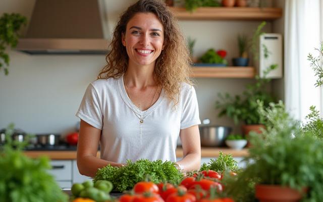 Donna sorridente che prepara un'insalata fresca e colorata, con prodotti biologici a vista.