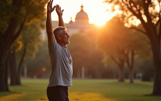 Uomo over 40 che fa stretching nel parco di Villa Borghese a Roma, con il sole del mattino.