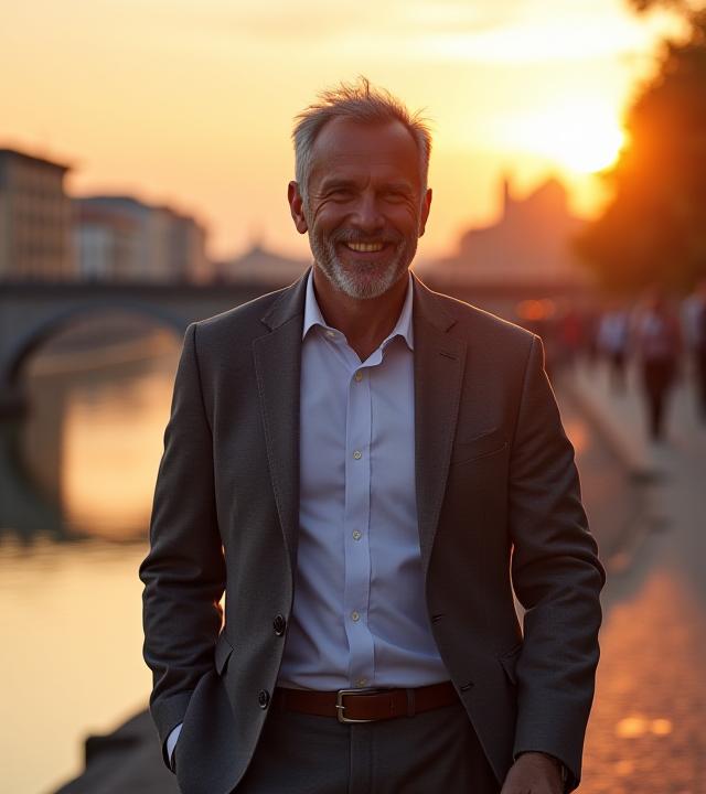 Marco, un uomo di 52 anni, sorridente e in forma, vestito in abiti casual, cammina con energia lungo il Tevere a Roma al tramonto.