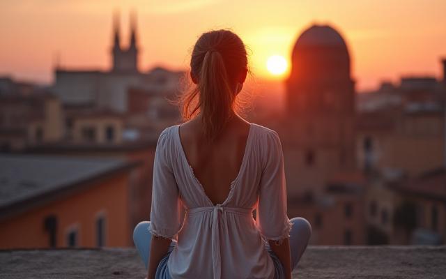 Donna in posizione meditativa serena, al tramonto, con sfondo di tetti romani.