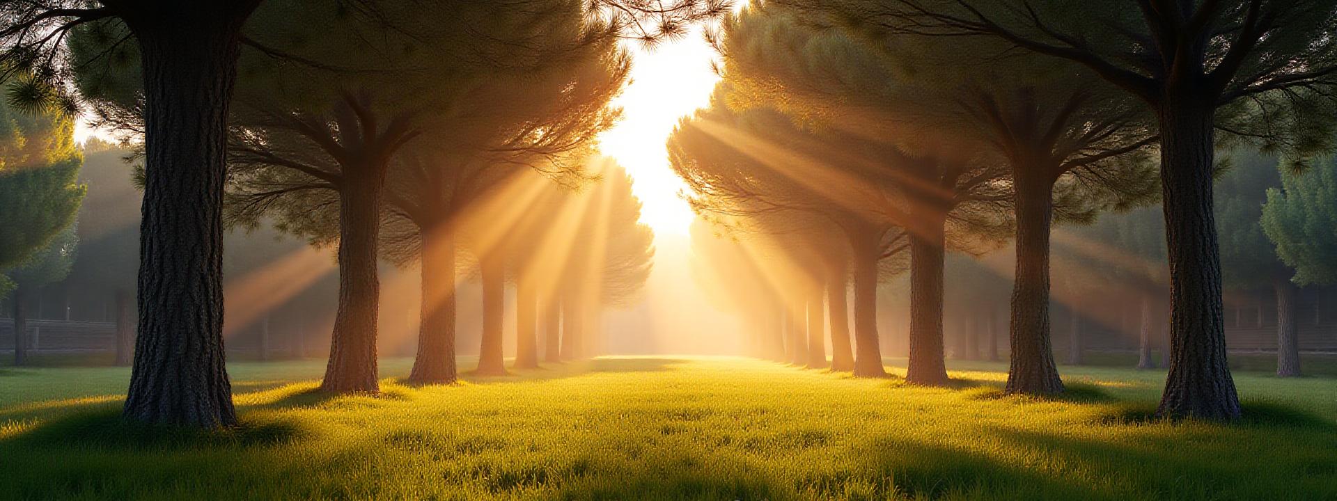 Pini marittimi in un parco romano con sole che filtra attraverso i rami