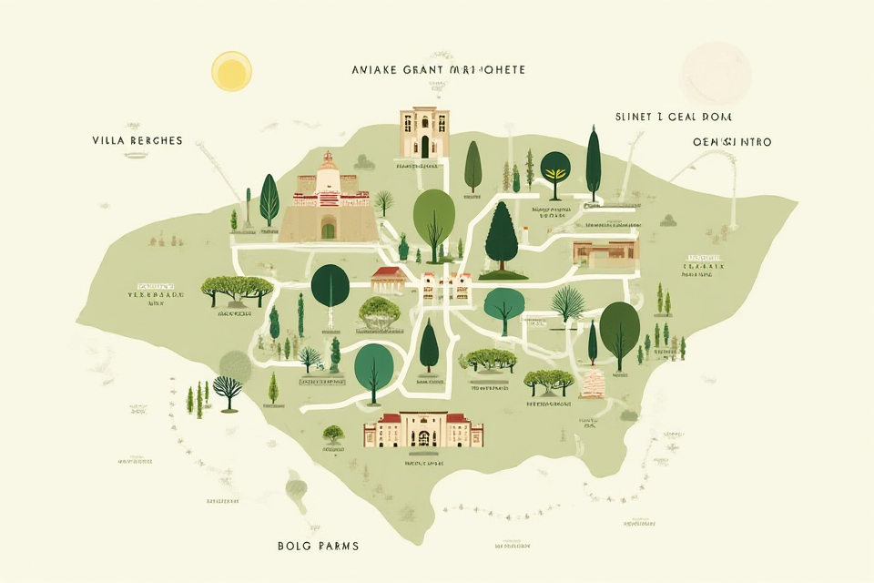 Mappa stilizzata di Roma con punti di interesse per il benessere naturale come Villa Borghese e Appia Antica
